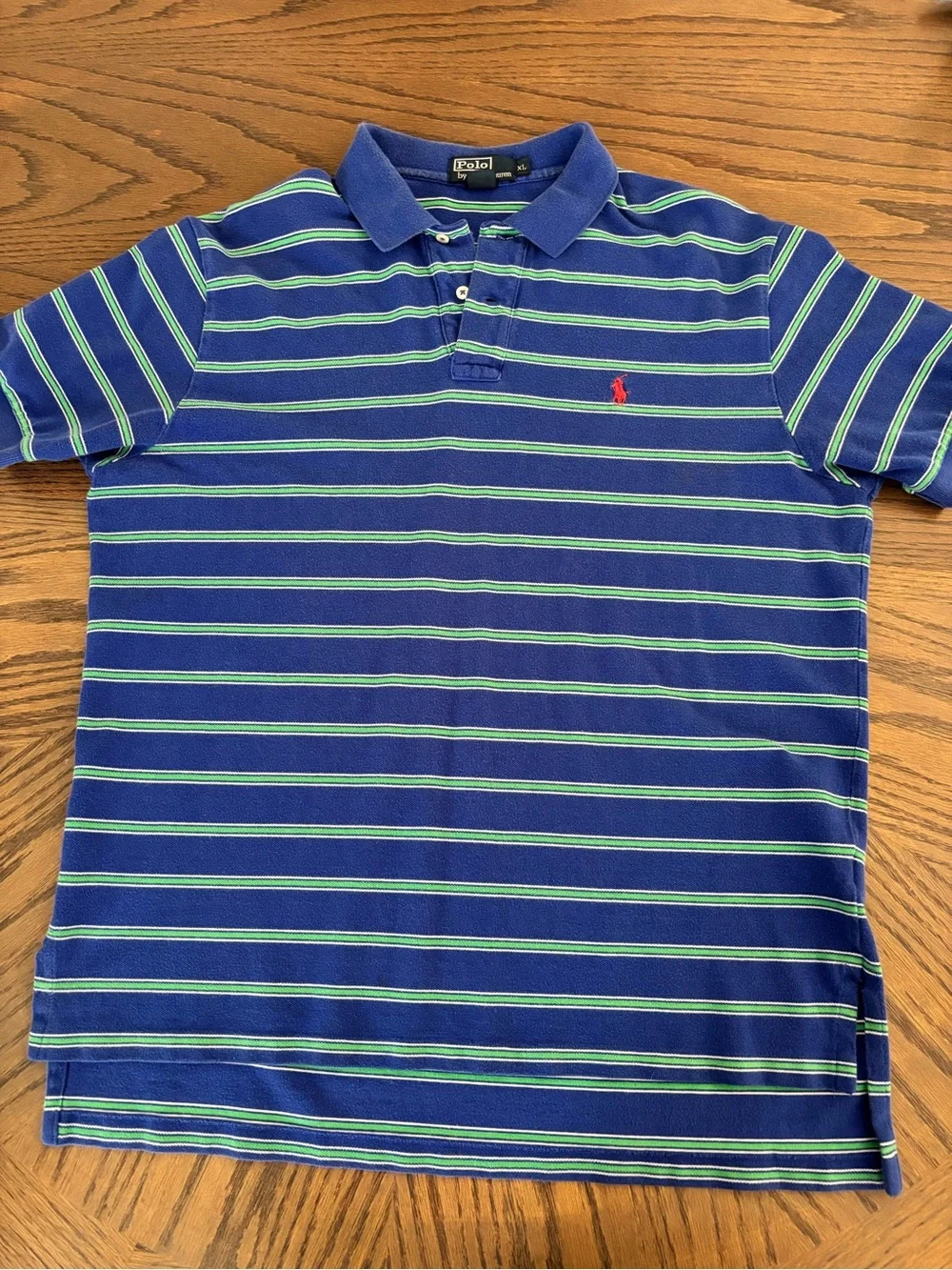 Polo Ralph Lauren XL Blue Green Striped 100% Cotton Polo Shirt